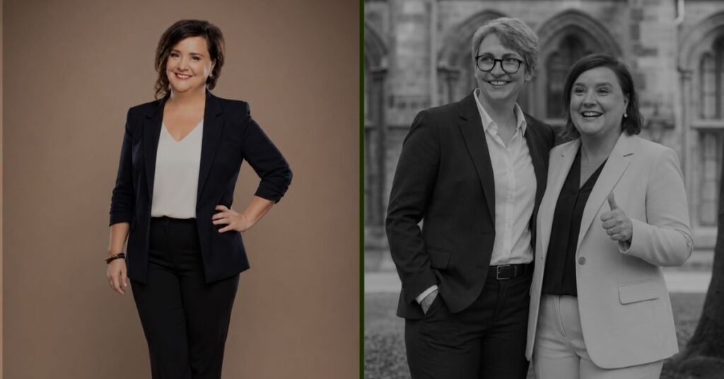 Susan Calman in a black suit posing for a professional photo and Susan Calman with her wife Lee Cormack smiling together in a black and white portrait