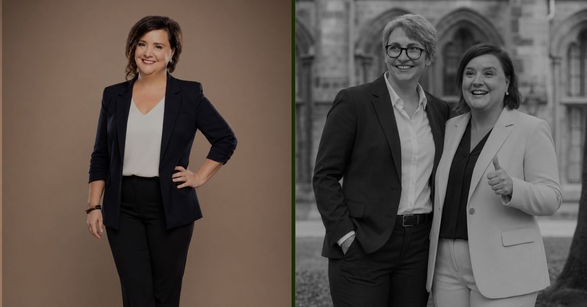 Susan Calman in a black suit posing for a professional photo and Susan Calman with her wife Lee Cormack smiling together in a black and white portrait