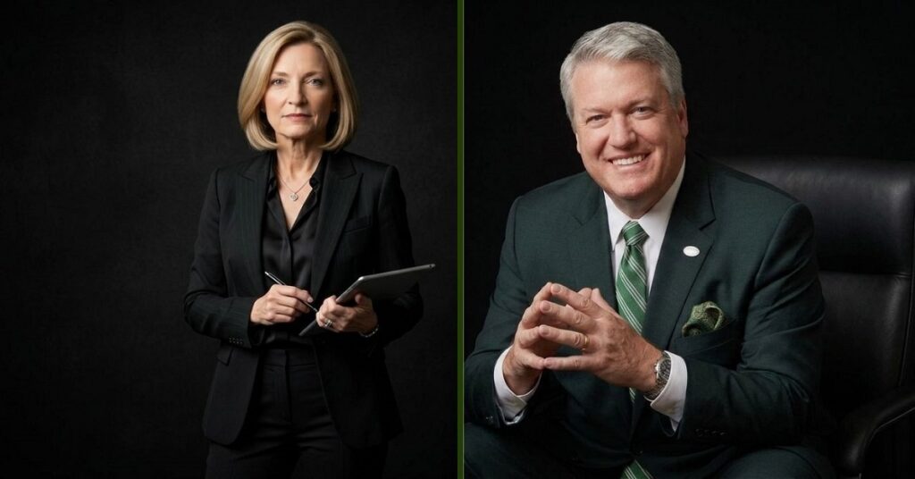 Michelle Goeringer and Rex Ryan side by side portrait photo, Michelle wearing a black suit holding a tablet and Rex Ryan smiling in a dark green suit with a striped tie