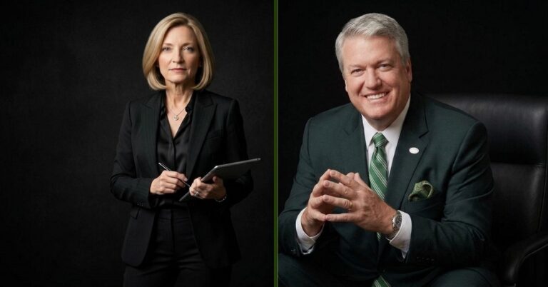 Michelle Goeringer and Rex Ryan side by side portrait photo, Michelle wearing a black suit holding a tablet and Rex Ryan smiling in a dark green suit with a striped tie