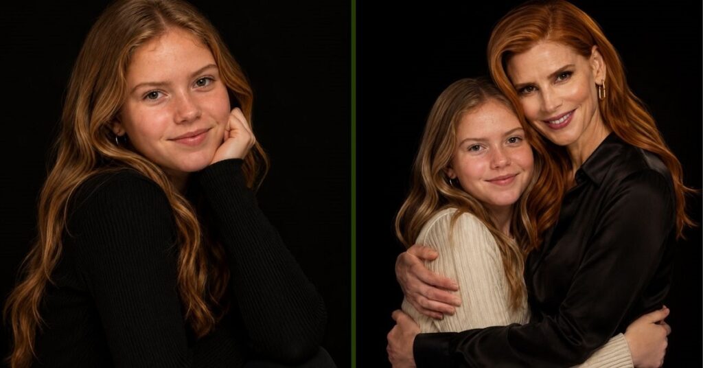 Side-by-side collage featuring Oona Gray Seppala in two studio portraits against a black background. On the left, Oona poses alone in a black sweater with her chin resting on her hand, smiling softly at the camera. On the right, she shares a warm embrace with her mother, Sarah Rafferty, who wears a black satin blouse. The images highlight their close mother-daughter bond through elegant lighting and coordinated portrait styling.