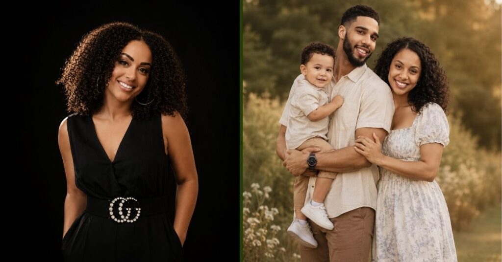 Toriah Lachell in a black jumpsuit with a Gucci belt (left) and posing outdoors with Jayson Tatum and their son Deuce (right)