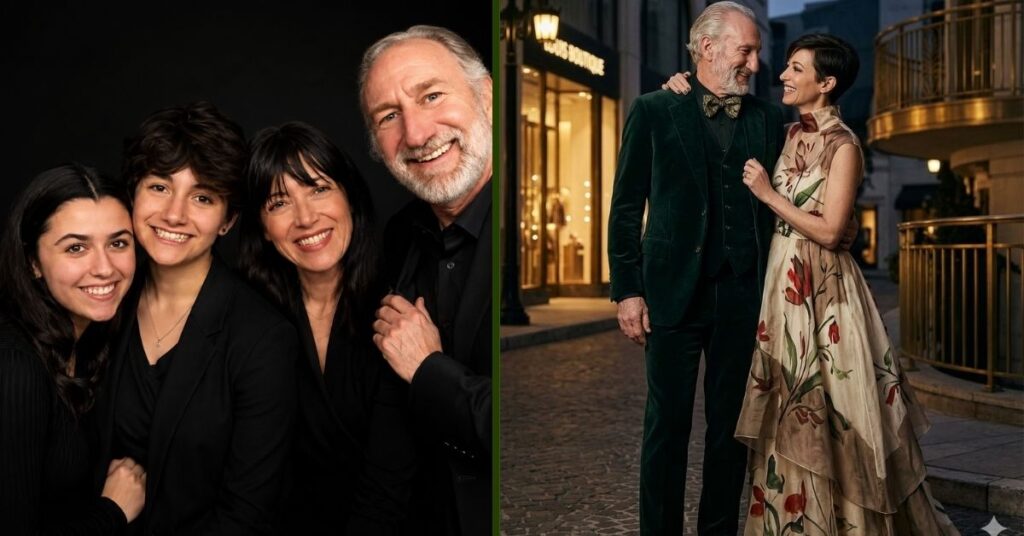 Split-screen image showing Amelia Jane Henson family group portrait on the left and a well-dressed couple of Mia Sara and Brian Henson posing together on a city street at night on the right