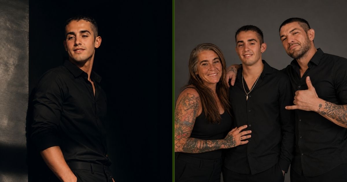 Cobie Chapman posing in a black shirt alongside his father Leland Chapman and mother Maui Chapman in a family portrait