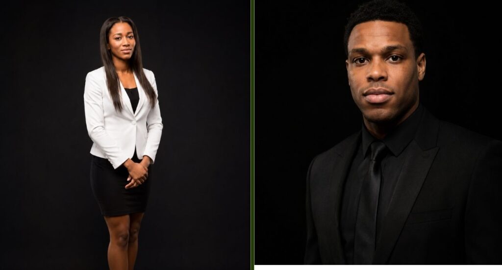 Ayahna Cornish Lowry and Kyle Lowry posing in formal outfits against a dark background