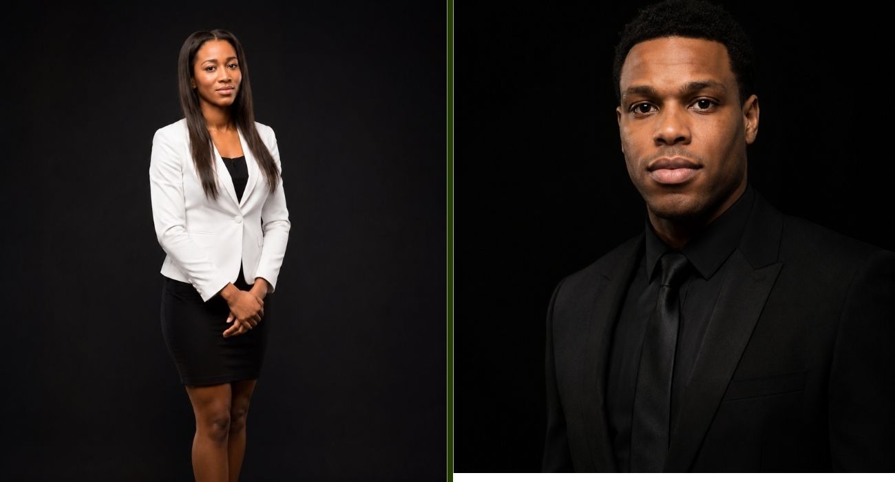 Ayahna Cornish Lowry and Kyle Lowry posing in formal outfits against a dark background