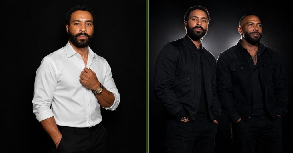 Jamil Hardwick in a white shirt posing solo and standing with his brother Omari Hardwick in matching black outfits against a dark background