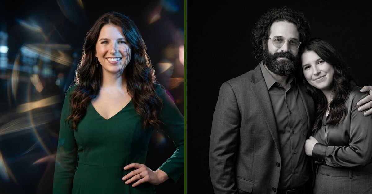 Keelin Noel Garcia smiling in a green dress and posing with Jerry Garcia at an event