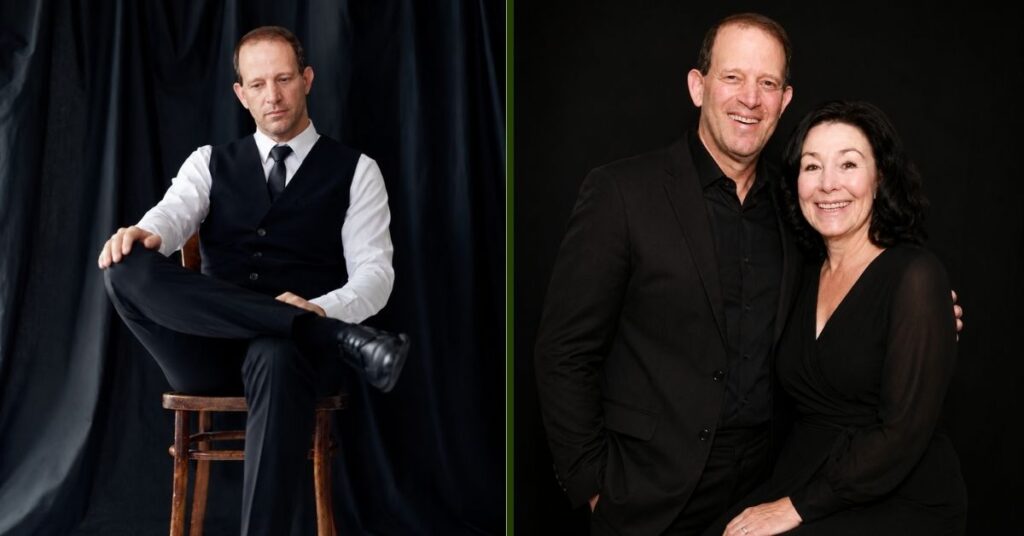 Split image of Gal Tirosh in a formal vest and tie seated on a stool, and Gal Tirosh smiling alongside his wife Safra Catz in matching black outfits.