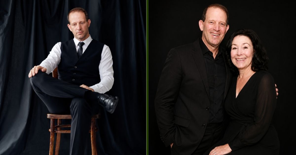 Split image of Gal Tirosh in a formal vest and tie seated on a stool, and Gal Tirosh smiling alongside his wife Safra Catz in matching black outfits.
