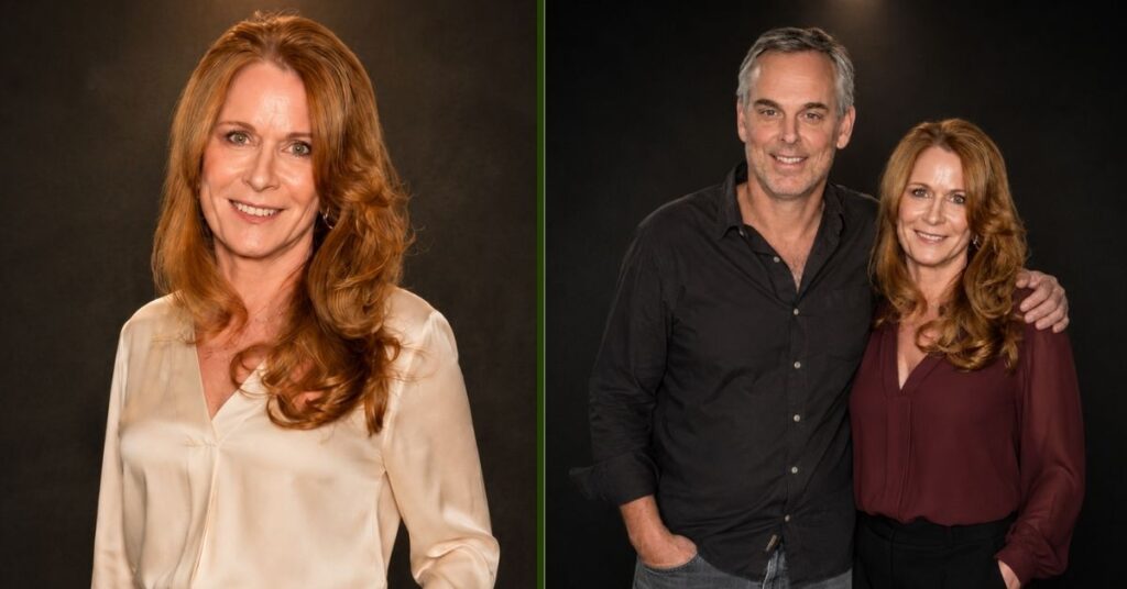 Split image showing a smiling woman with long red hair in a cream blouse on the left, and the same woman standing with a man in a black shirt on the right, both smiling against a dark background