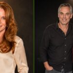 Split image showing a smiling woman with long red hair in a cream blouse on the left, and the same woman standing with a man in a black shirt on the right, both smiling against a dark background