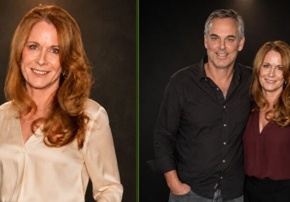 Split image showing a smiling woman with long red hair in a cream blouse on the left, and the same woman standing with a man in a black shirt on the right, both smiling against a dark background